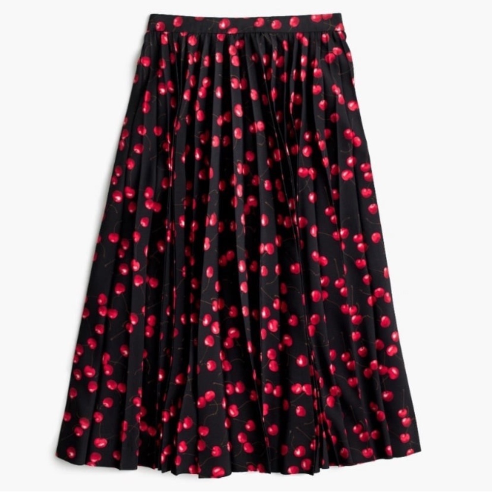J. Crew Black Pleated Midi Skirt with Red Cherry Print